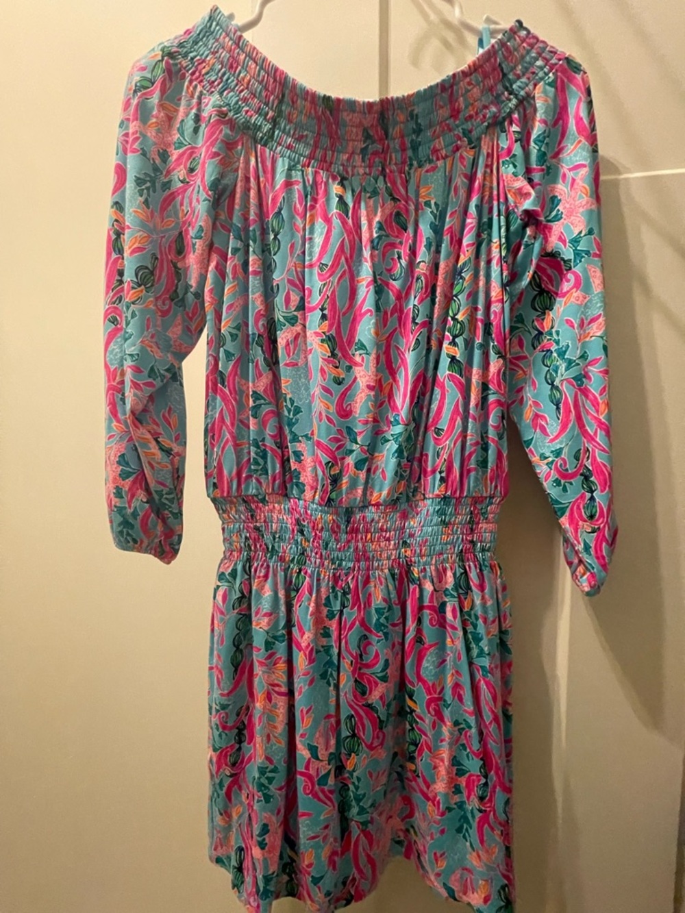 Lilly Pulitzer Turquoise, Hot Pink & Yellow Floral Off-Shoulder Top